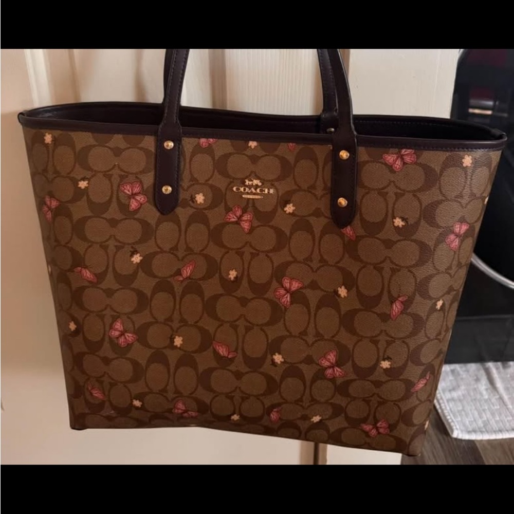 Coach Brown Tote Bag with Pink Accents